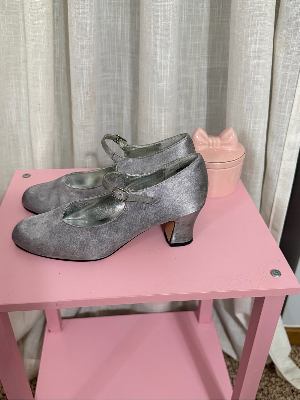 Apostrophe Metallic Silver Mary Jane Low Heel Pumps